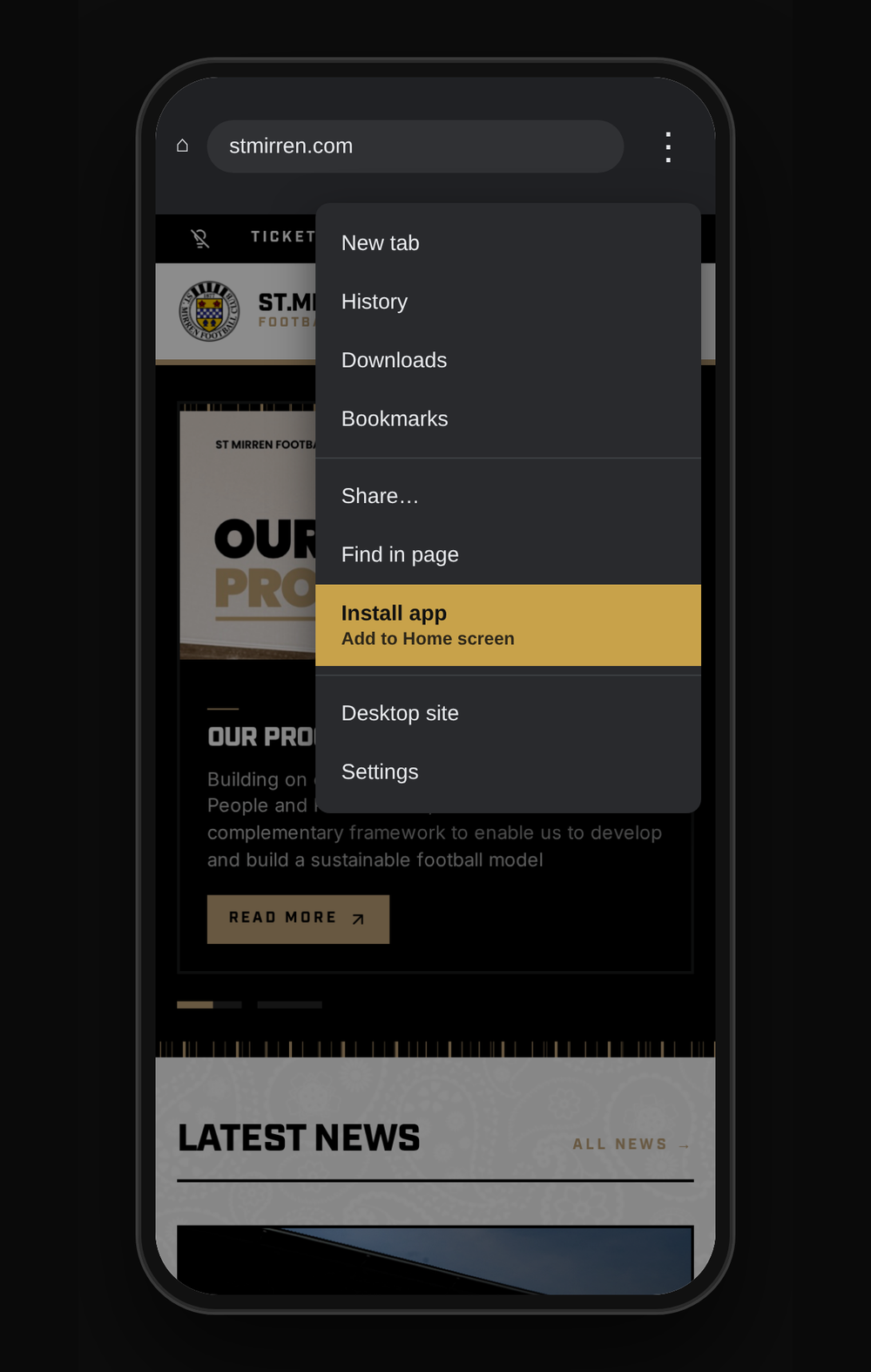 Android phone showing the Chrome menu with Install app highlighted
