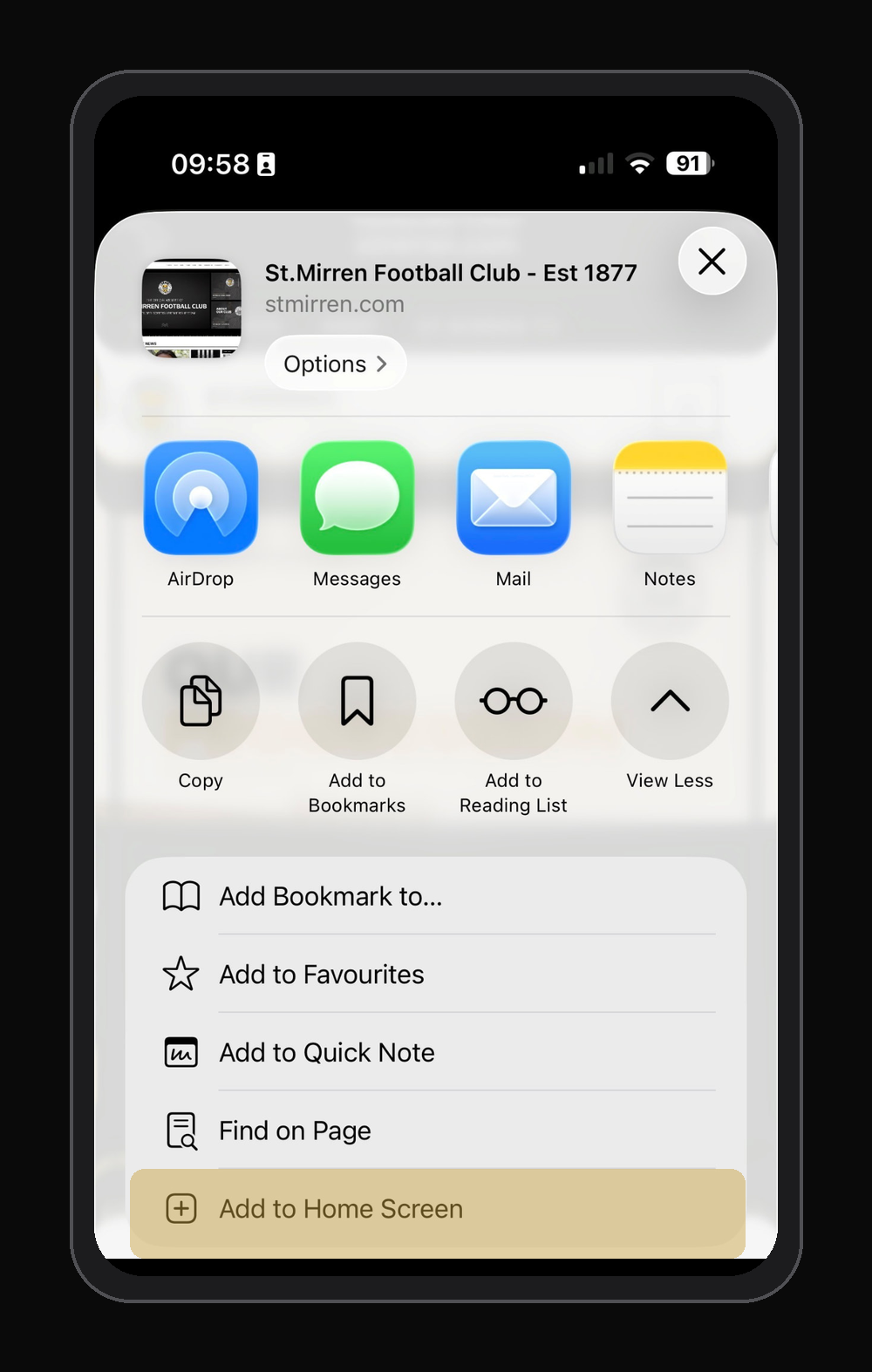 iPhone showing the Safari share sheet with Add to Home Screen highlighted