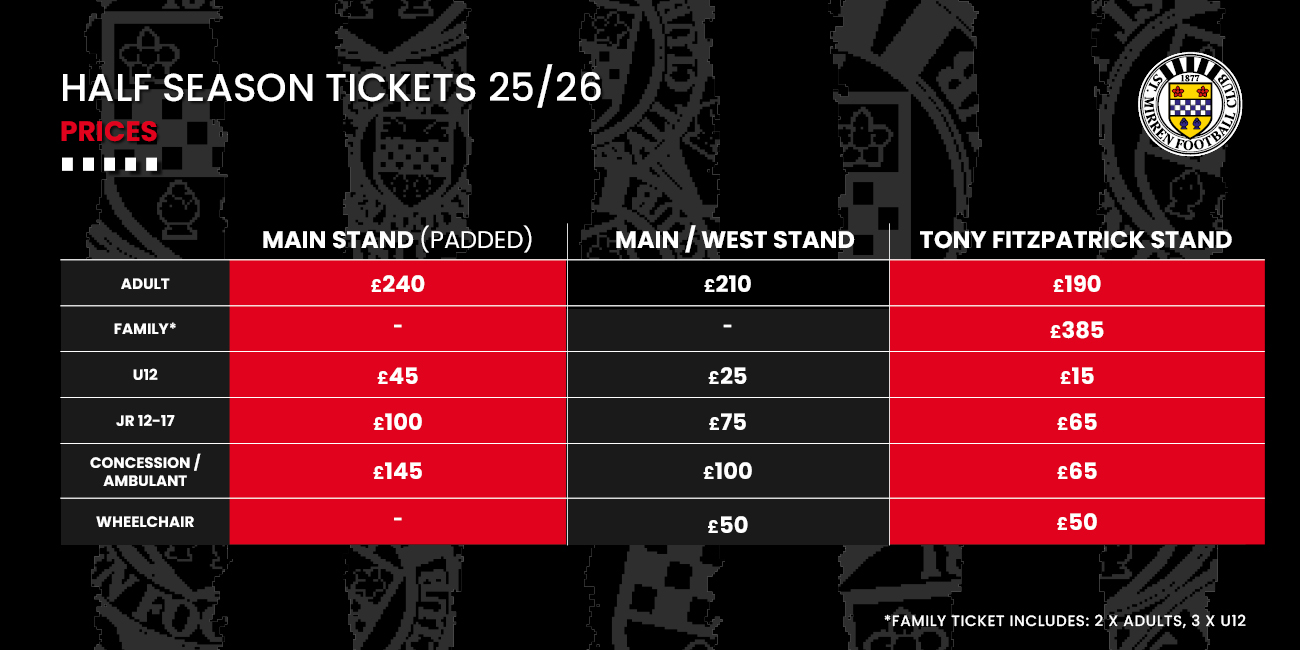 2025/26 Half-Season Ticket Prices 