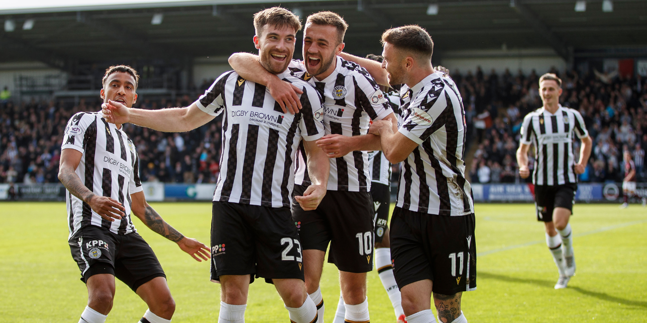 Ryan Strain celebrates with teammates after scoring against Hearts