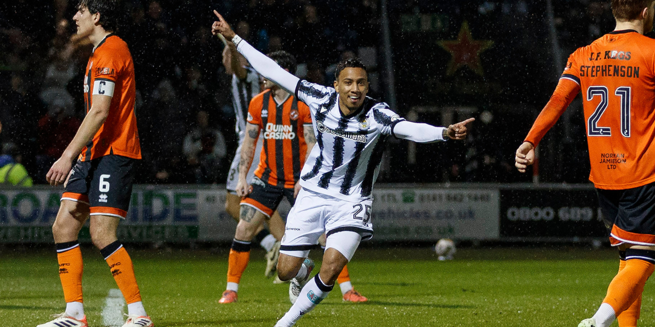 Keanu Baccus celebrates after scoring against Dundee United